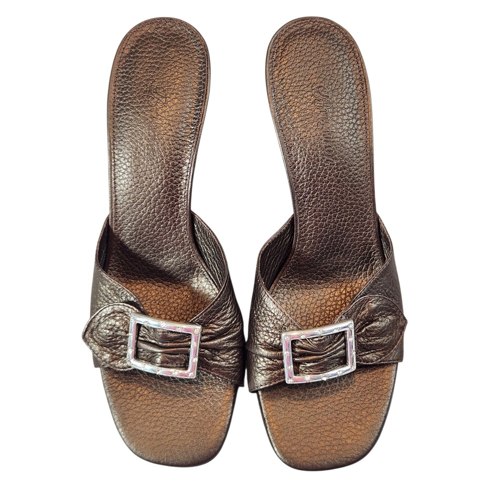 Brighton Patti Slide Sandals Womens 7M Bronze Metallic Leather Kitten Heel Mules